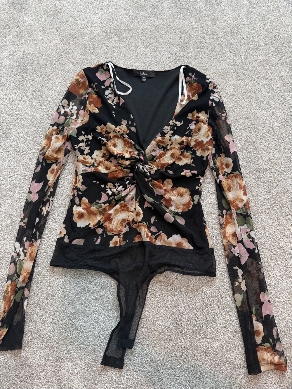 Lulu's Black Floral Twist-Front Sheer Bodysuit